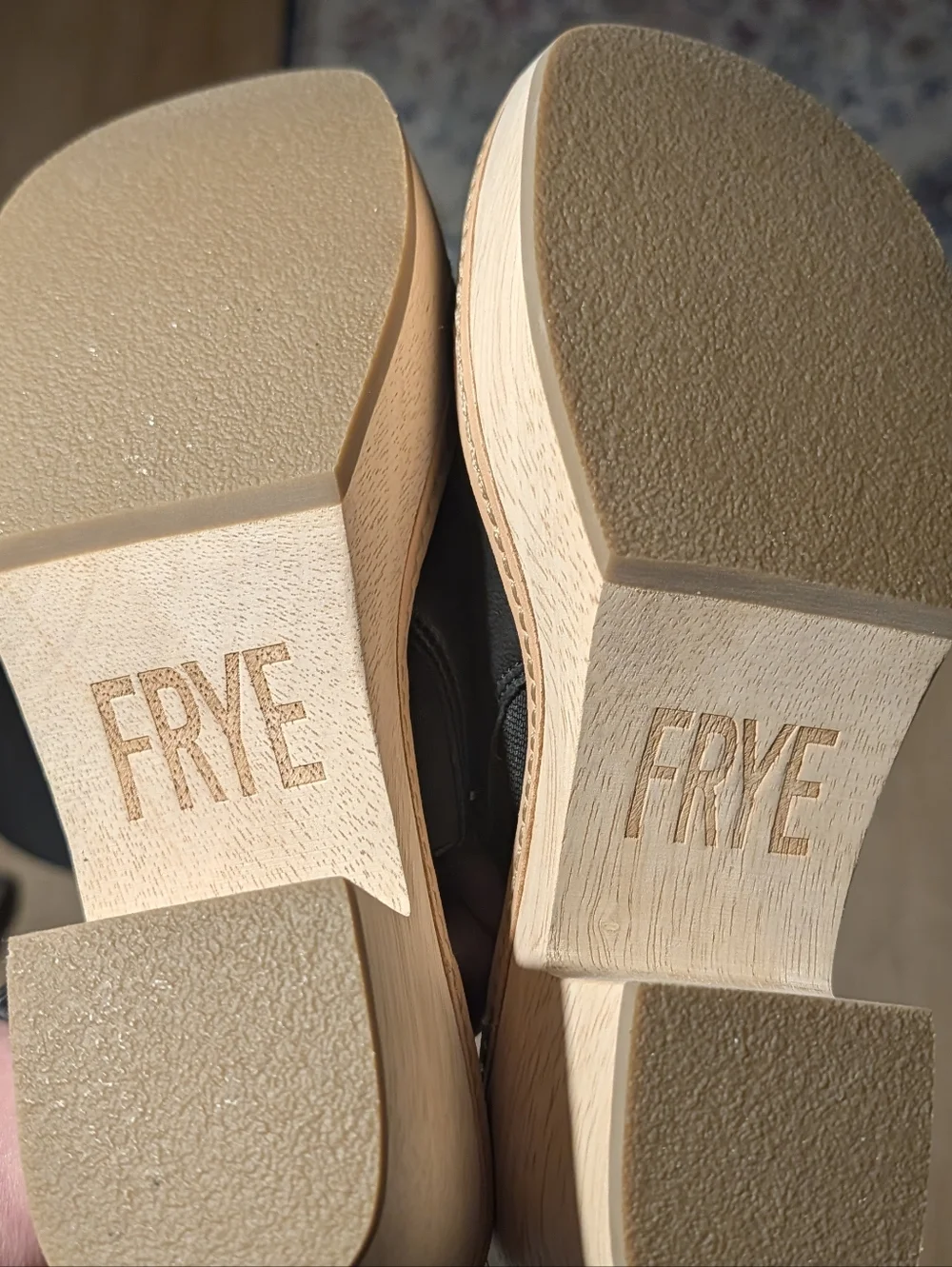Frye Hazel 2 Platform Slides sz 8 in Black Leather & Natural Wood